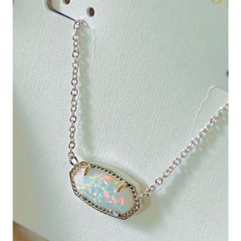 NWT Kendra Scott Elisa White Kyocera Lab Grown Opal Silver Pendant Necklace - Picture 7 of 15